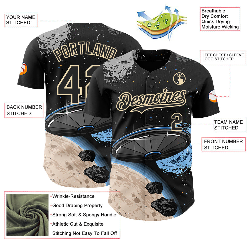 Custom Black Cream Alien Space Meteor UFO Galaxy Authentic Baseball Jersey view 3