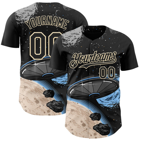Custom Black Cream Alien Space Meteor UFO Galaxy Authentic Baseball Jersey - Main View