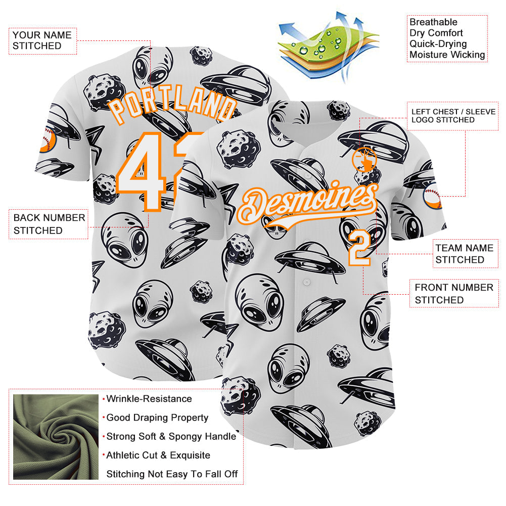 Custom White Bay Orange Alien UFO Authentic Baseball Jersey view 3