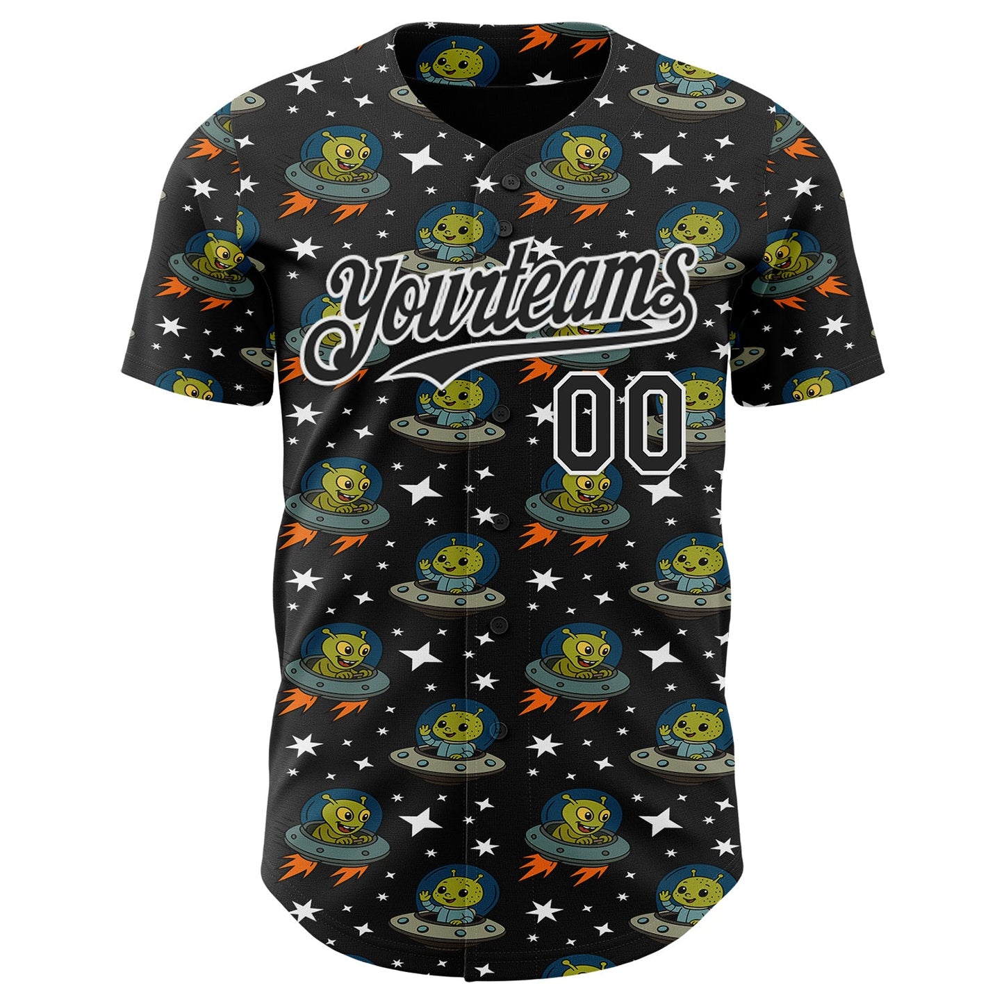 Custom Black White Cartoon Alien UFO Space Galaxy Authentic Baseball Jersey view 2