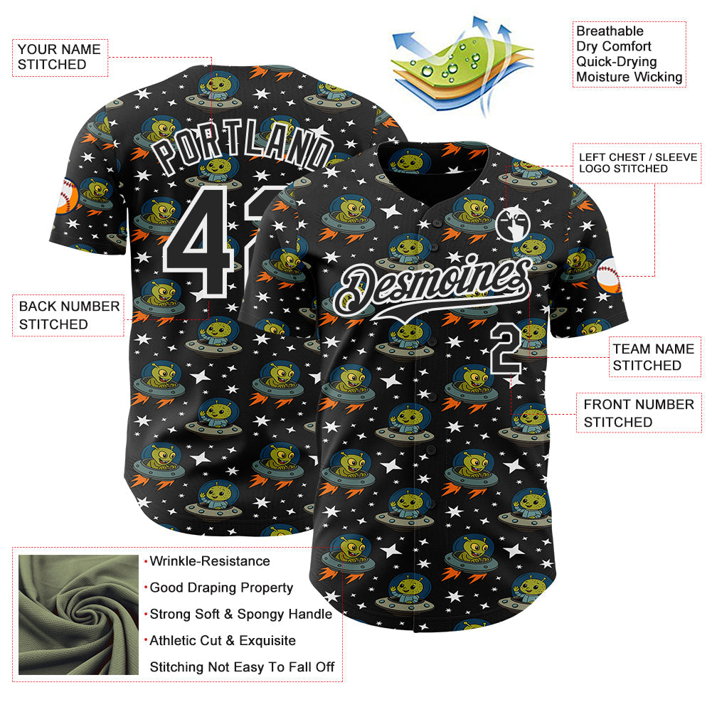 Custom Black White Cartoon Alien UFO Space Galaxy Authentic Baseball Jersey view 3