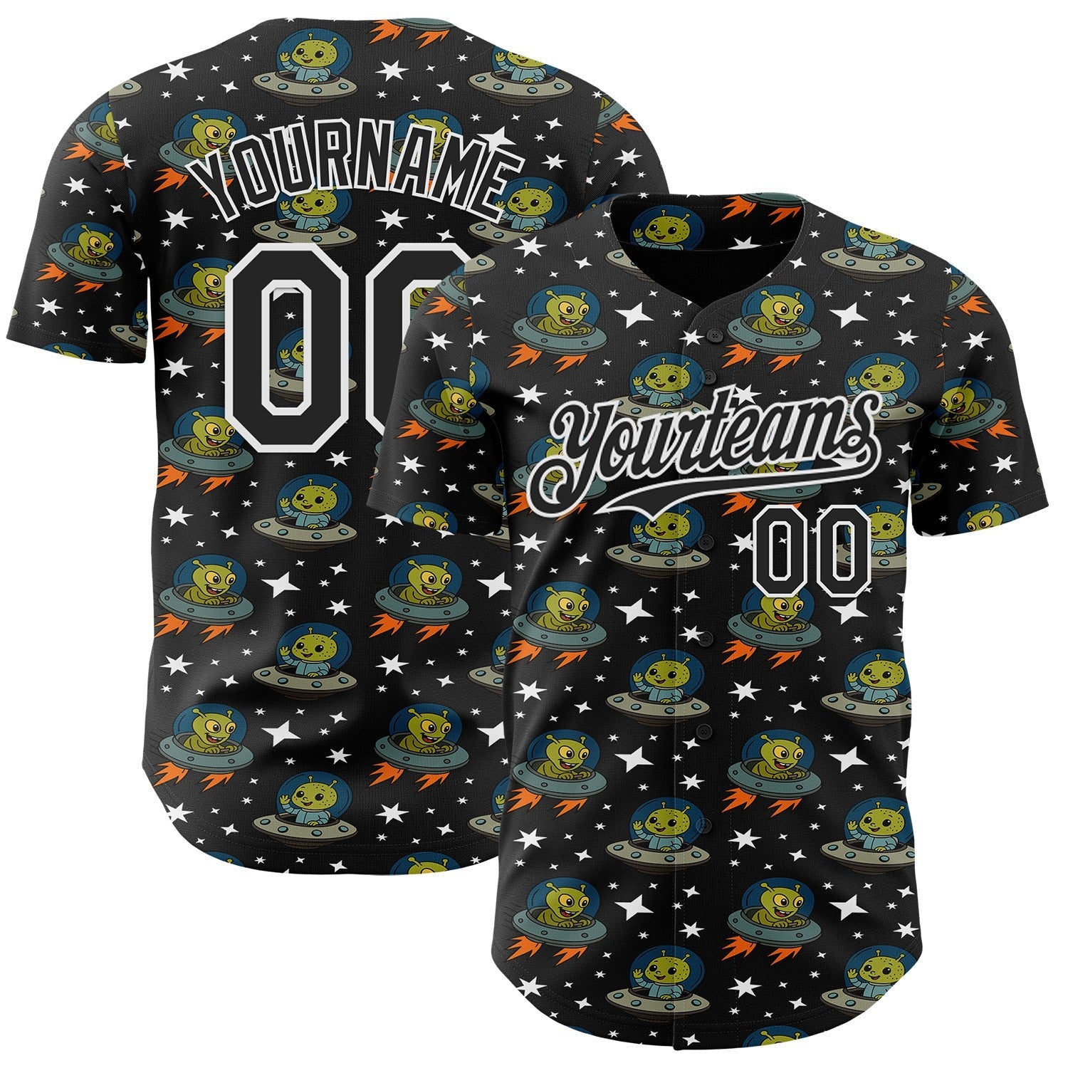 Custom Black White Cartoon Alien UFO Space Galaxy Authentic Baseball Jersey - Main View