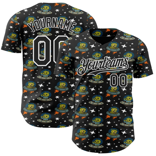 Custom Black White Cartoon Alien UFO Space Galaxy Authentic Baseball Jersey - Main View