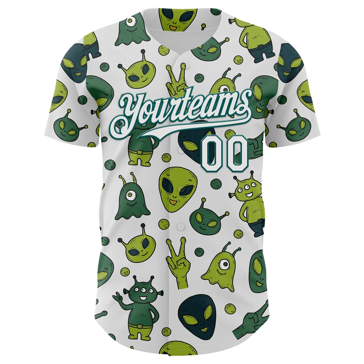Custom White Midnight Green Cartoon Alien Authentic Baseball Jersey view 2