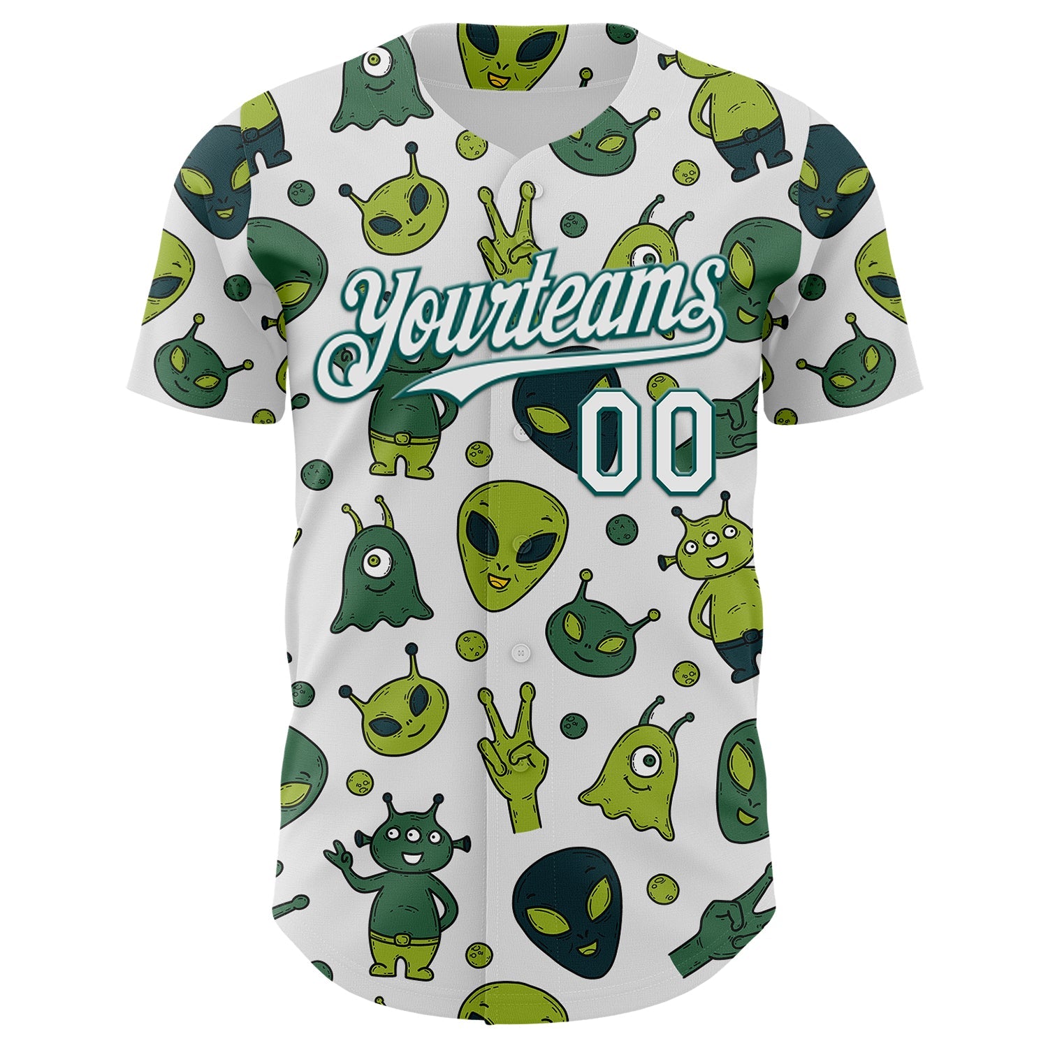 Custom White Midnight Green Cartoon Alien Authentic Baseball Jersey view 2