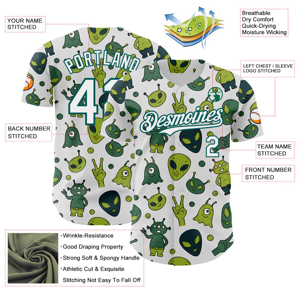 Custom White Midnight Green Cartoon Alien Authentic Baseball Jersey view 3