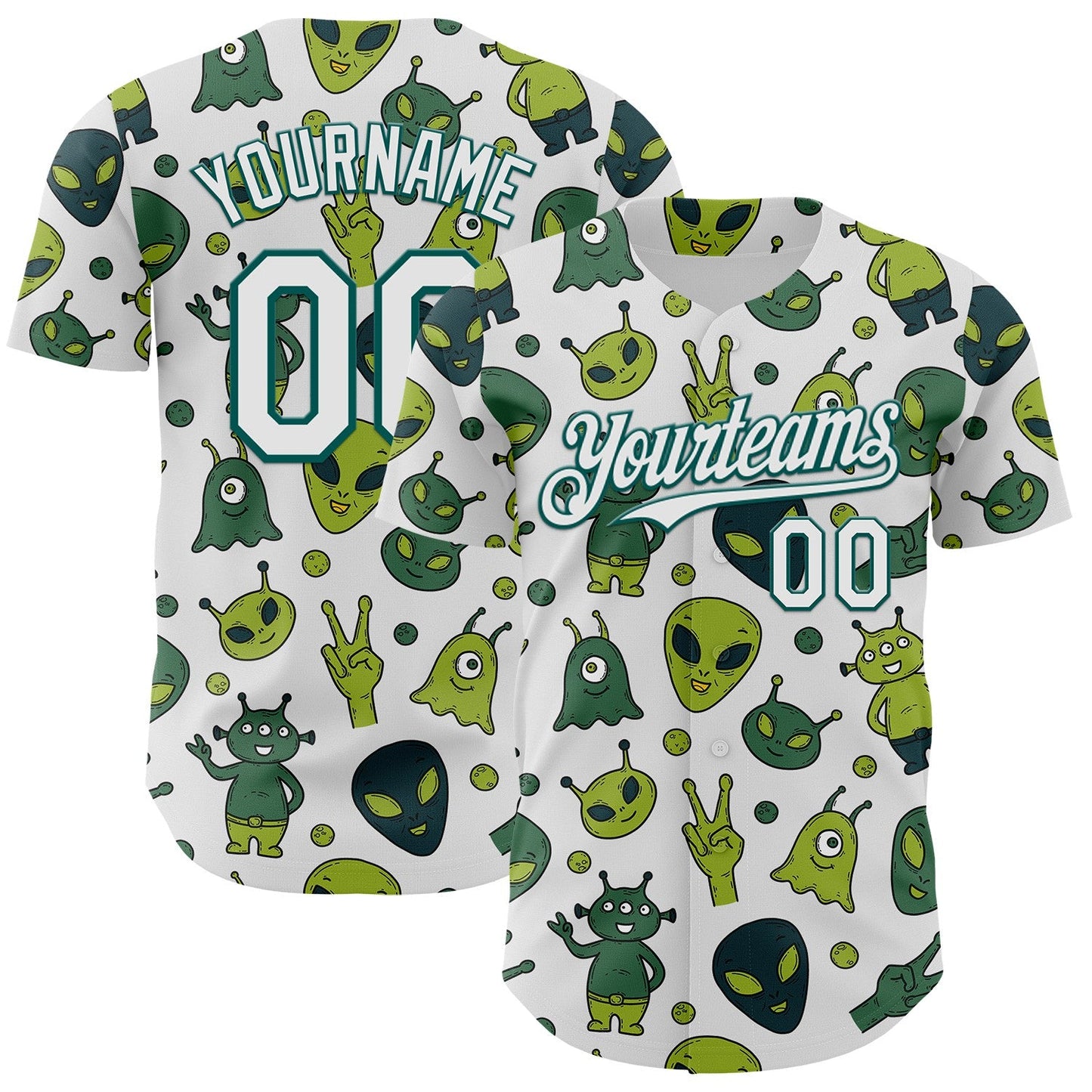 Custom White Midnight Green Cartoon Alien Authentic Baseball Jersey - Main View