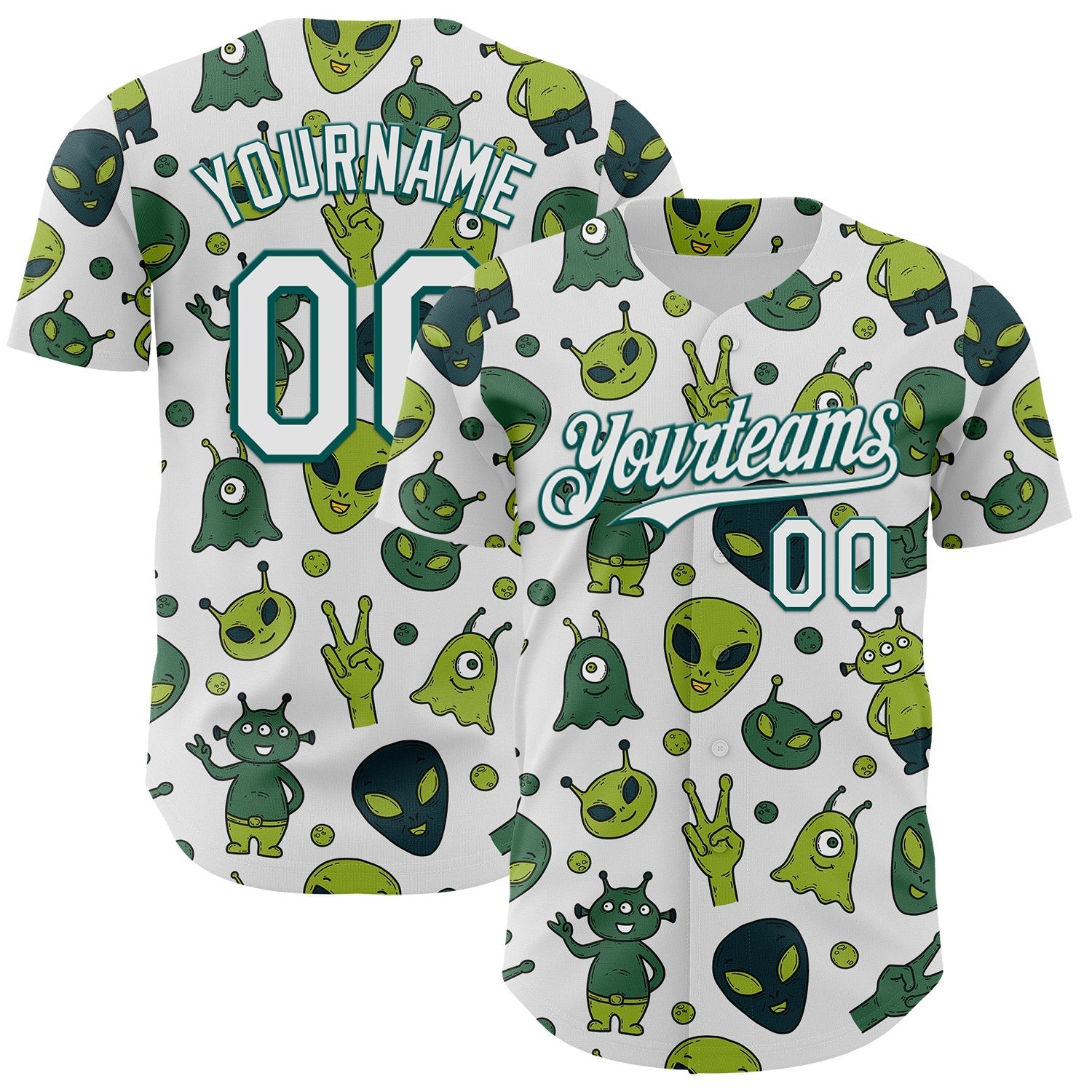 Custom White Midnight Green Cartoon Alien Authentic Baseball Jersey - Main View