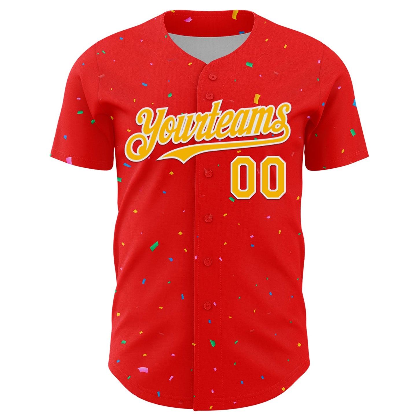 Custom Fire Red Gold-White 3D Pattern Design Confetti Colorful Speckle Authentic Baseball Jersey view 2