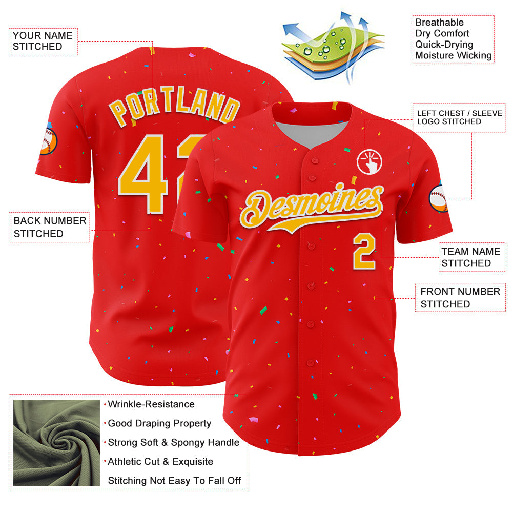 Custom Fire Red Gold-White 3D Pattern Design Confetti Colorful Speckle Authentic Baseball Jersey view 3