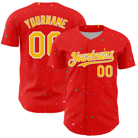Custom Fire Red Gold-White 3D Pattern Design Confetti Colorful Speckle Authentic Baseball Jersey - Main View