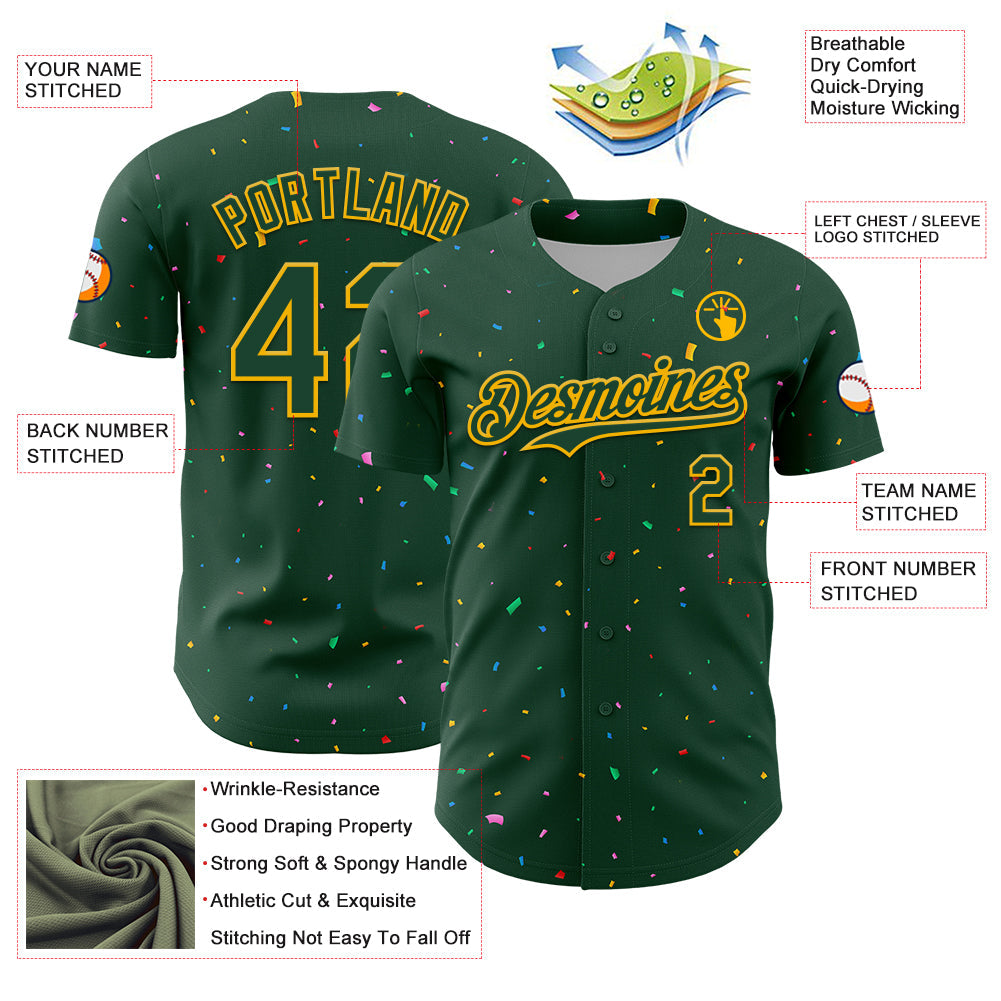 Custom Green Gold 3D Pattern Design Confetti Colorful Speckle Authentic Baseball Jersey view 3