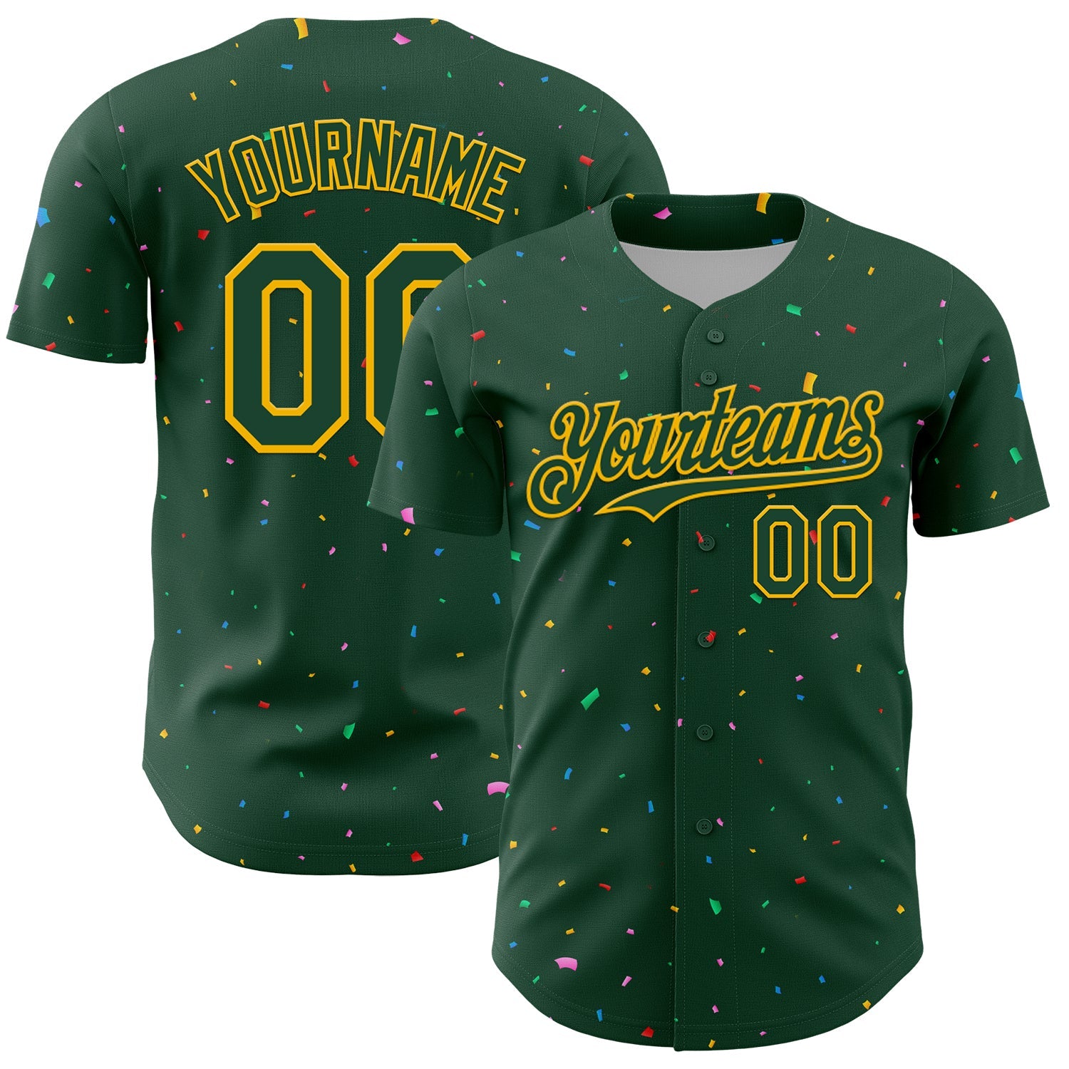 Custom Green Gold 3D Pattern Design Confetti Colorful Speckle Authentic Baseball Jersey - Main View