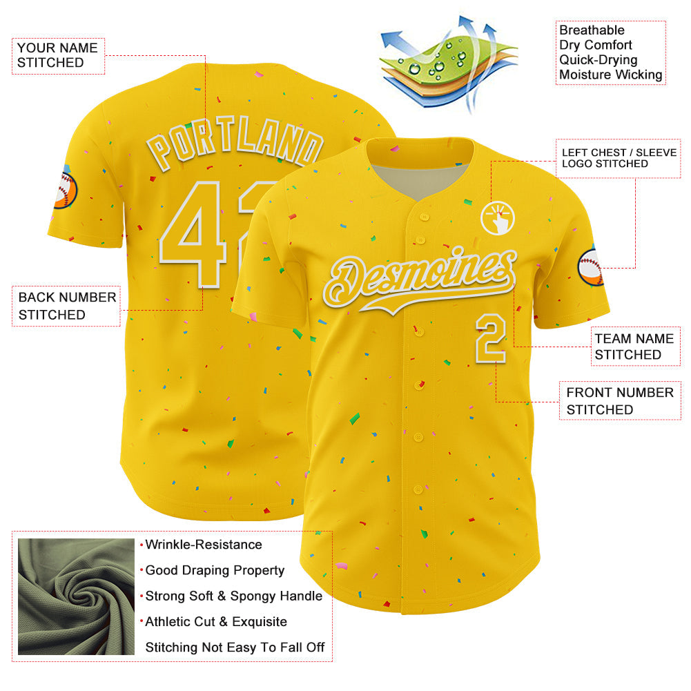 Custom Yellow White 3D Pattern Design Confetti Colorful Speckle Authentic Baseball Jersey view 3