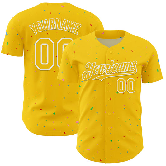 Custom Yellow White 3D Pattern Design Confetti Colorful Speckle Authentic Baseball Jersey - Main View