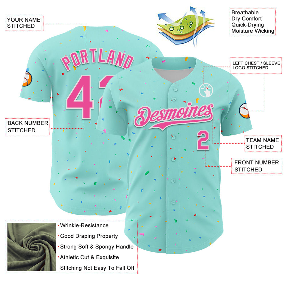 Custom Ice Blue Pink-White 3D Pattern Design Confetti Colorful Speckle Authentic Baseball Jersey view 3