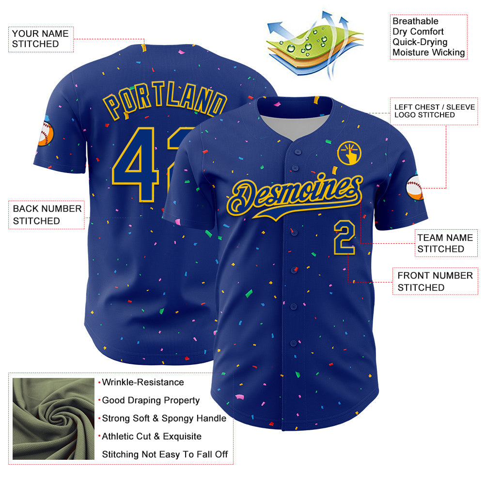 Custom Royal Yellow 3D Pattern Design Confetti Colorful Speckle Authentic Baseball Jersey view 3
