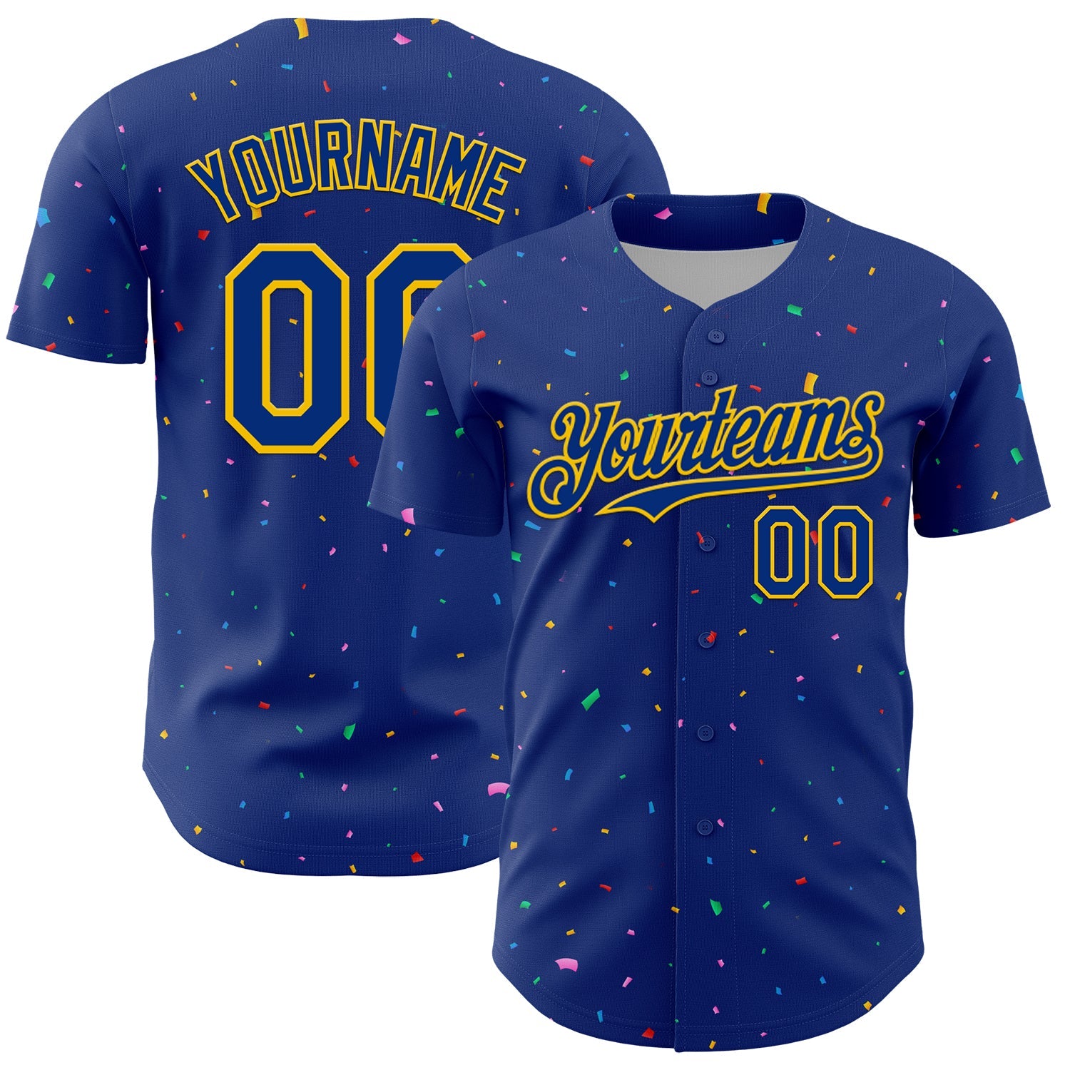 Custom Royal Yellow 3D Pattern Design Confetti Colorful Speckle Authentic Baseball Jersey - Main View