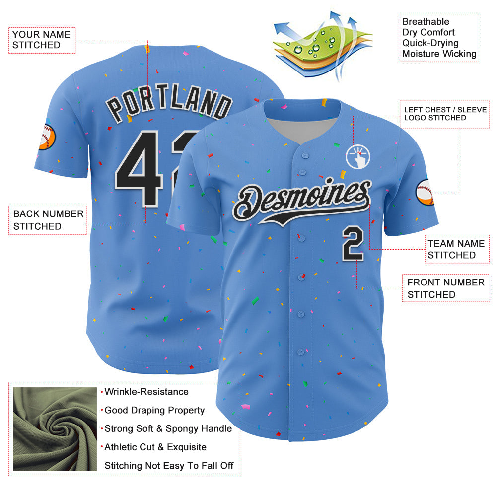 Custom Powder Blue Black-White 3D Pattern Design Confetti Colorful Speckle Authentic Baseball Jersey view 3
