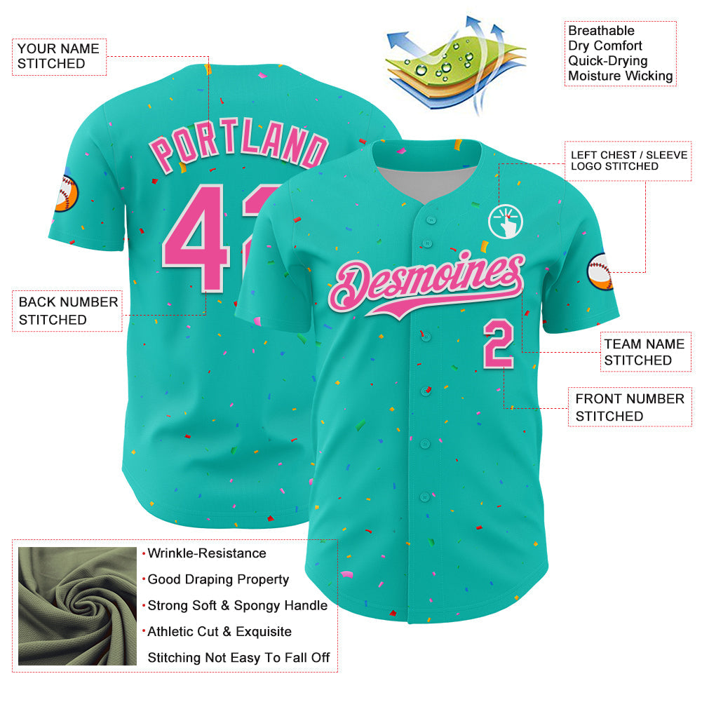 Custom Aqua Black-White 3D Pattern Design Confetti Colorful Speckle Authentic Baseball Jersey view 3