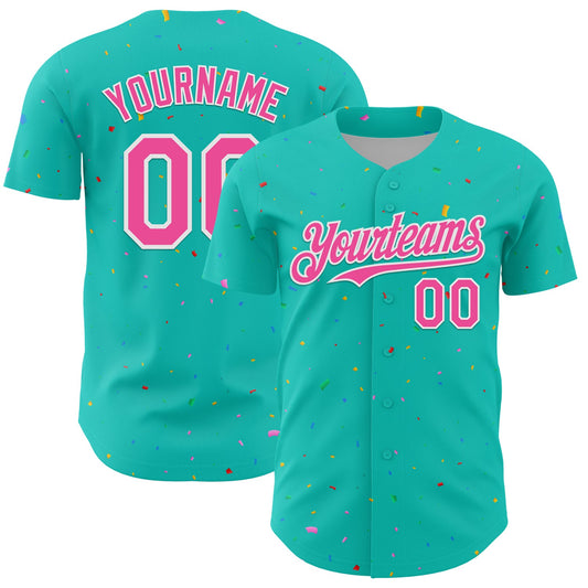 Custom Aqua Black-White 3D Pattern Design Confetti Colorful Speckle Authentic Baseball Jersey - Main View