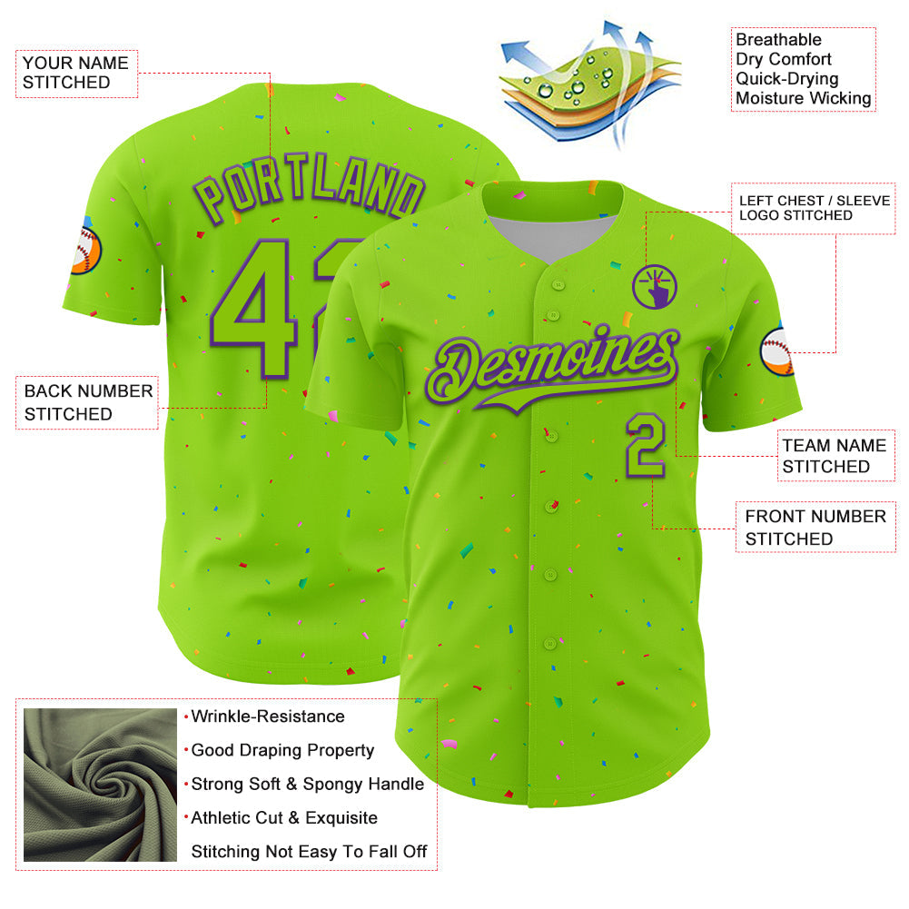 Custom Neon Green Purple 3D Pattern Design Confetti Colorful Speckle Authentic Baseball Jersey view 3