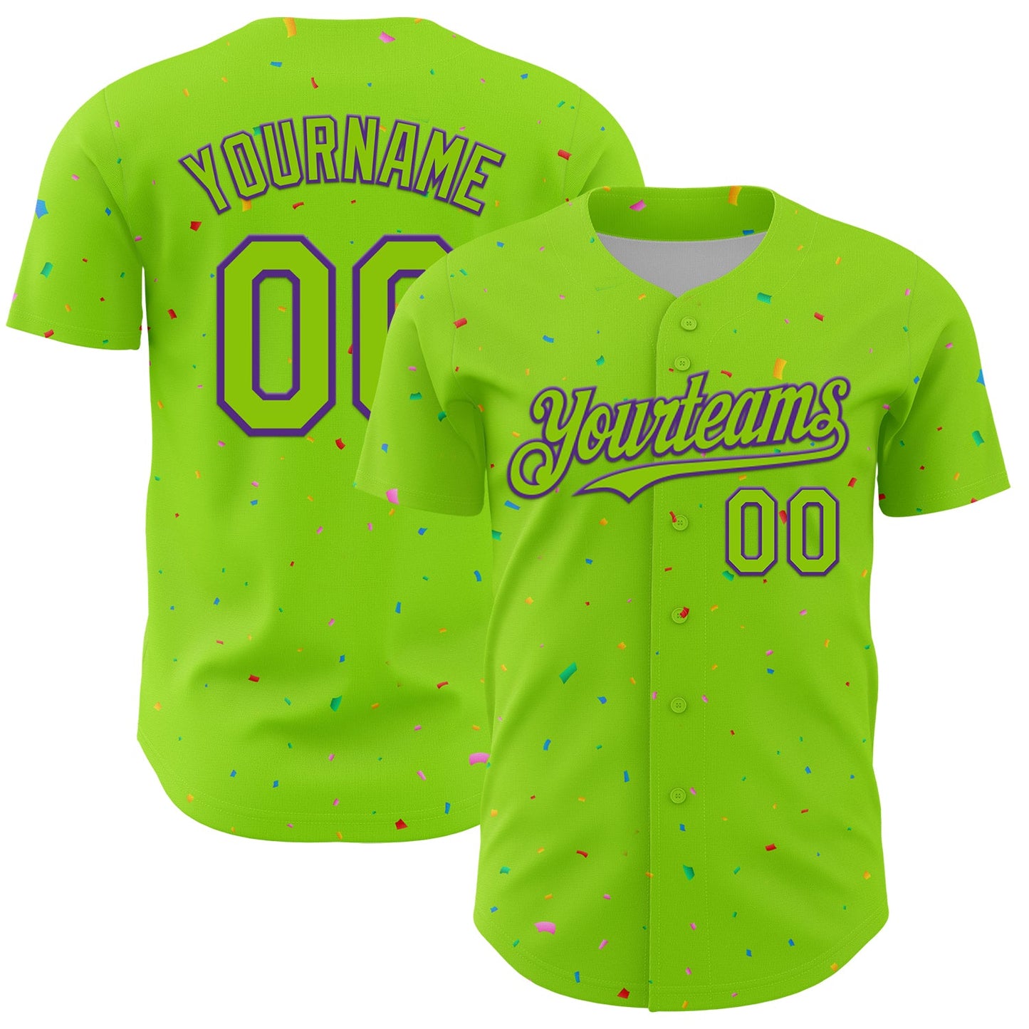 Custom Neon Green Purple 3D Pattern Design Confetti Colorful Speckle Authentic Baseball Jersey - Main View