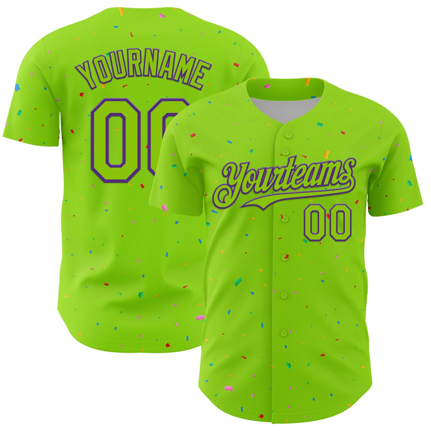 Custom Neon Green Purple 3D Pattern Design Confetti Colorful Speckle Authentic Baseball Jersey - Main View