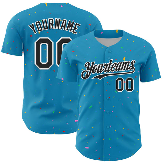 Custom Panther Blue Black-White 3D Pattern Design Confetti Colorful Speckle Authentic Baseball Jersey - Main View