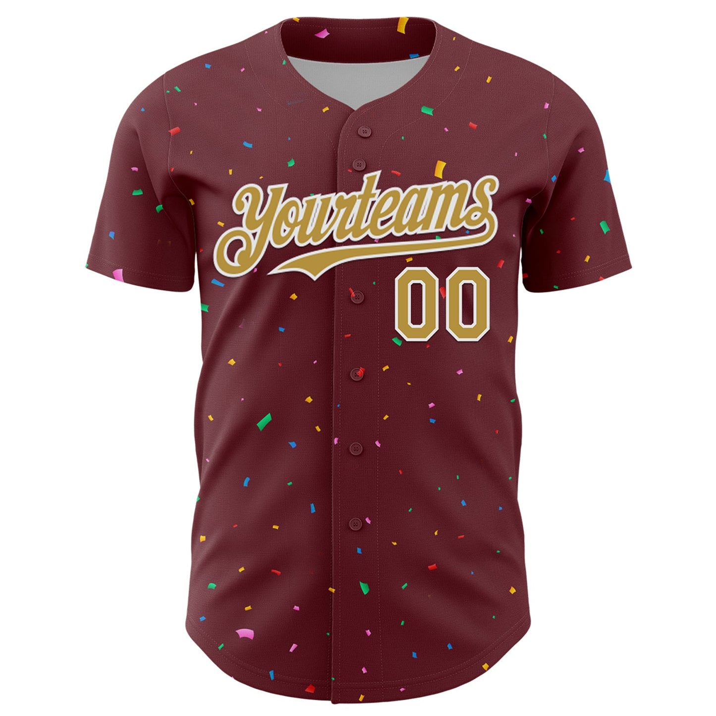 Custom Burgundy Old Gold-White 3D Pattern Design Confetti Colorful Speckle Authentic Baseball Jersey view 2