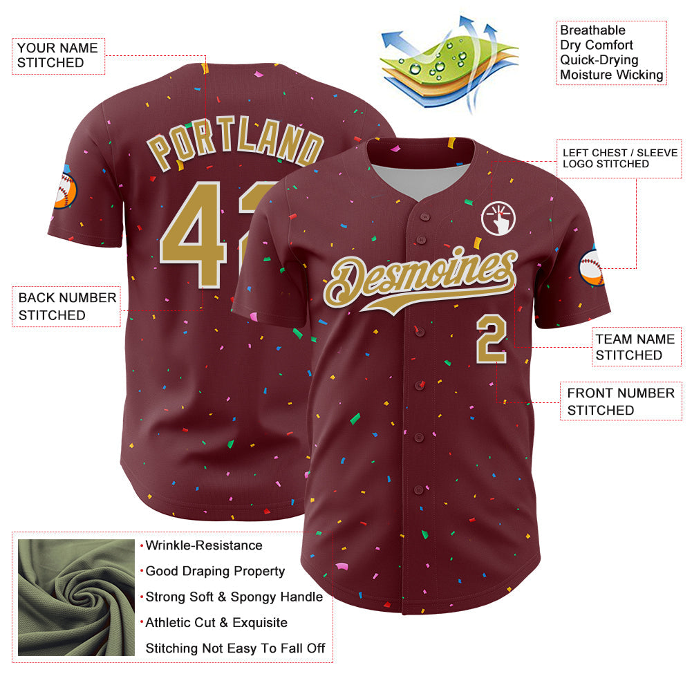 Custom Burgundy Old Gold-White 3D Pattern Design Confetti Colorful Speckle Authentic Baseball Jersey view 3