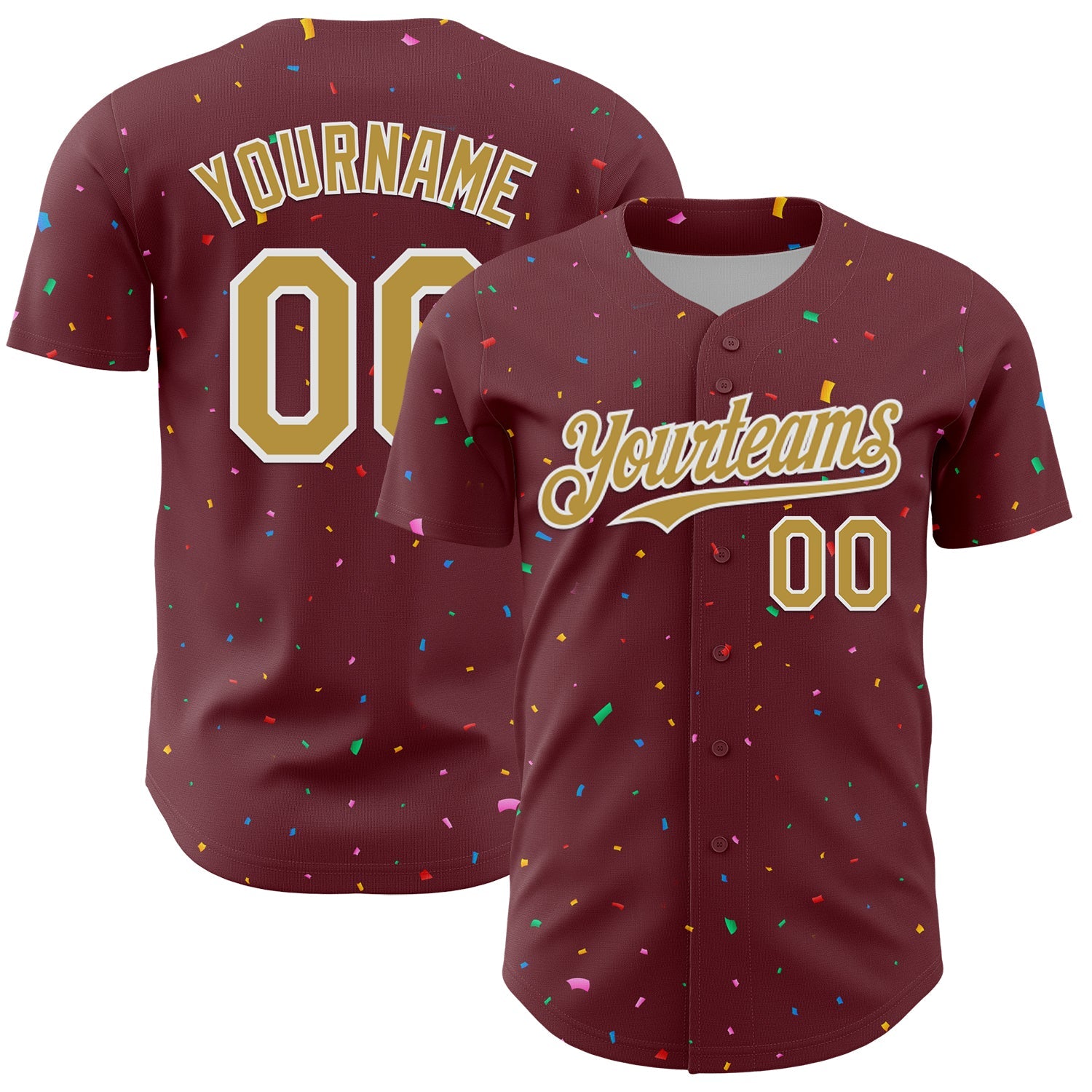 Custom Burgundy Old Gold-White 3D Pattern Design Confetti Colorful Speckle Authentic Baseball Jersey - Main View
