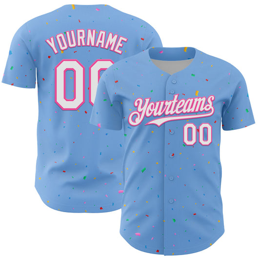 Custom Light Blue White-Pink 3D Pattern Design Confetti Colorful Speckle Authentic Baseball Jersey - Main View