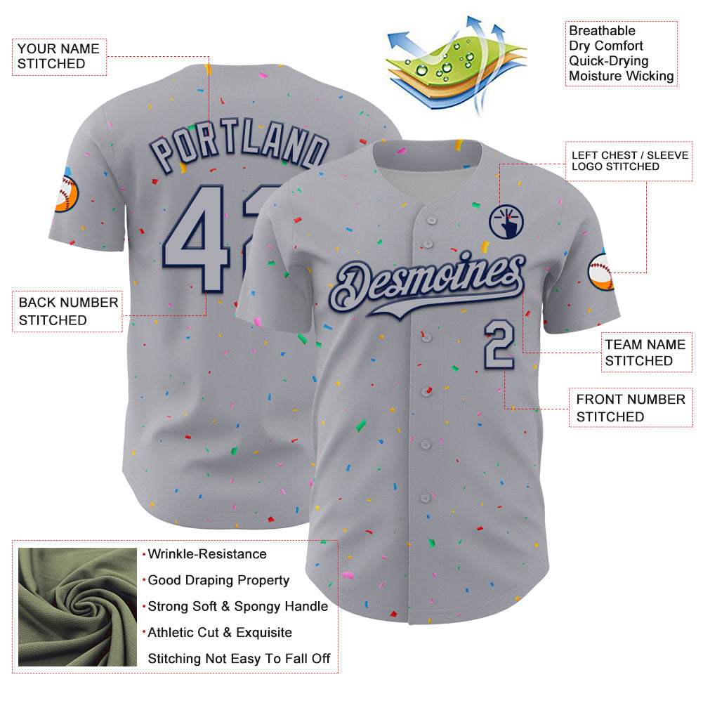 Custom Gray Navy 3D Pattern Design Confetti Colorful Speckle Authentic Baseball Jersey view 3
