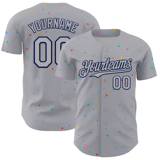 Custom Gray Navy 3D Pattern Design Confetti Colorful Speckle Authentic Baseball Jersey - Main View