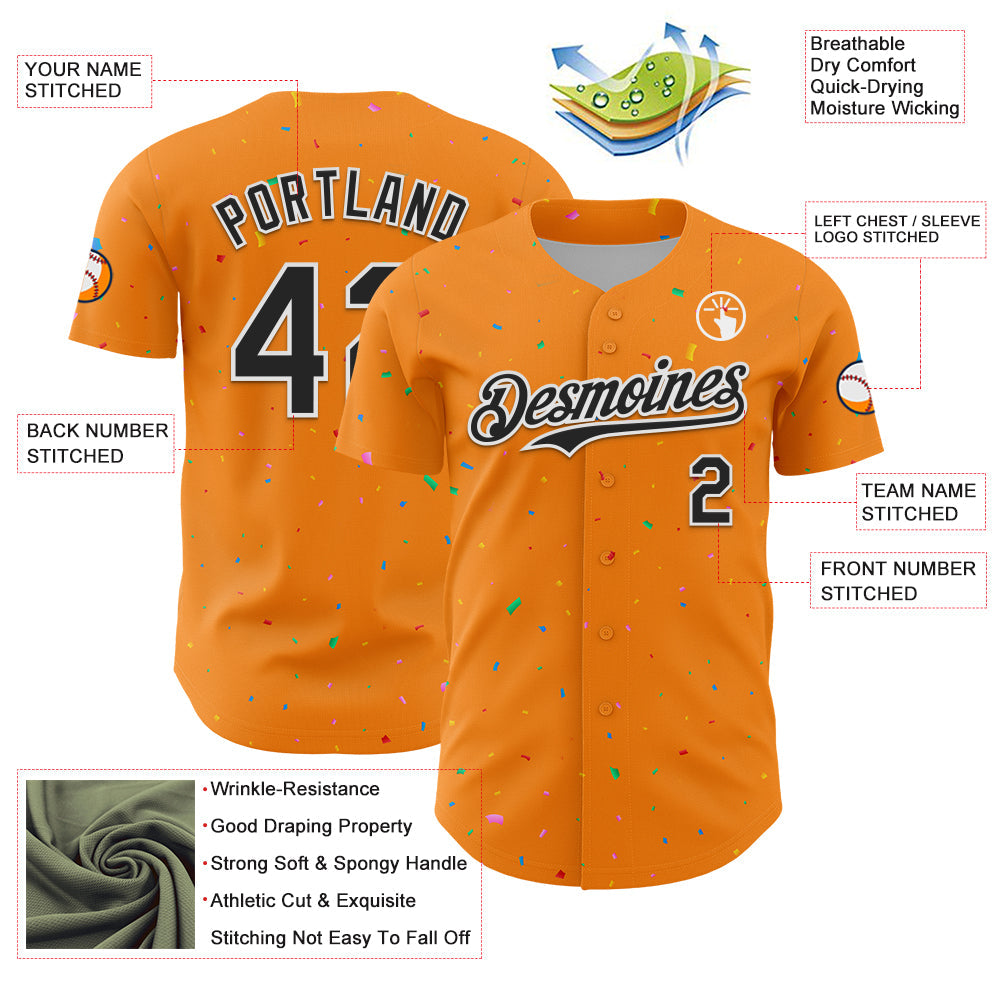 Custom Bay Orange Black-White 3D Pattern Design Confetti Colorful Speckle Authentic Baseball Jersey view 3