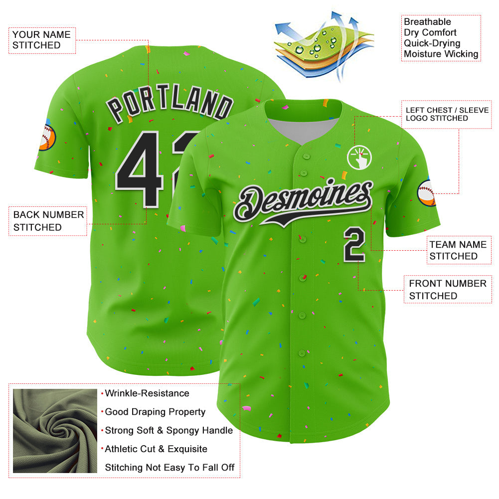 Custom Aurora Green Black-White 3D Pattern Design Confetti Colorful Speckle Authentic Baseball Jersey view 3