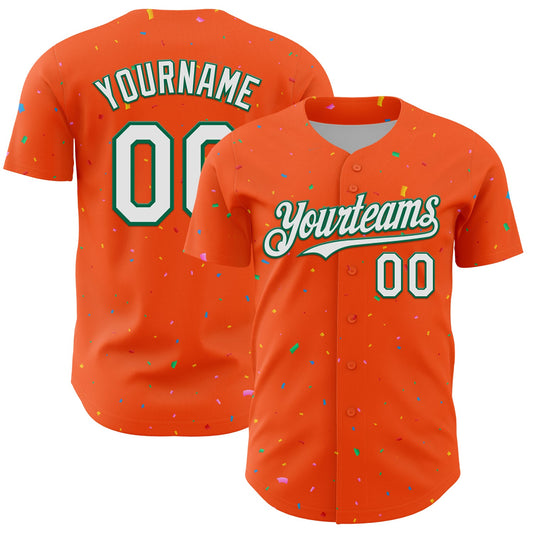 Custom Orange White-Kelly Green 3D Pattern Design Confetti Colorful Speckle Authentic Baseball Jersey - Main View