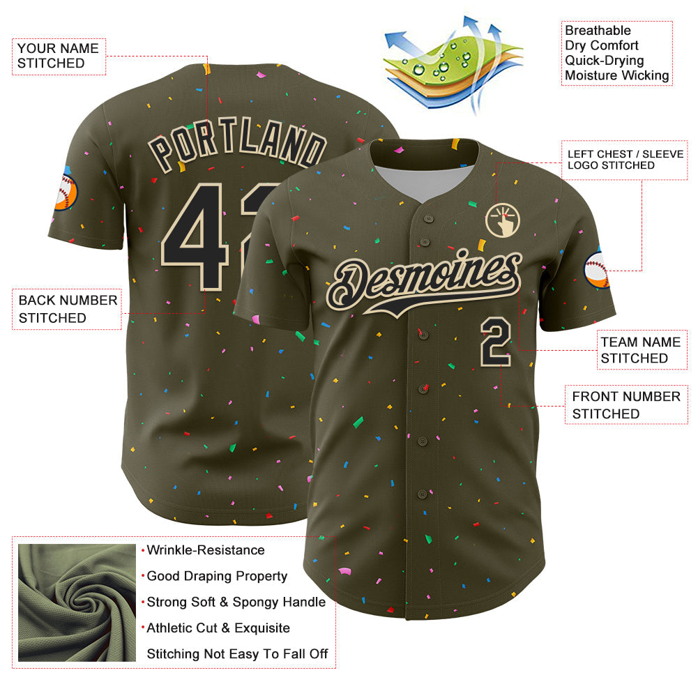 Custom Olive Black-Cream 3D Pattern Design Confetti Colorful Speckle Authentic Baseball Jersey view 3
