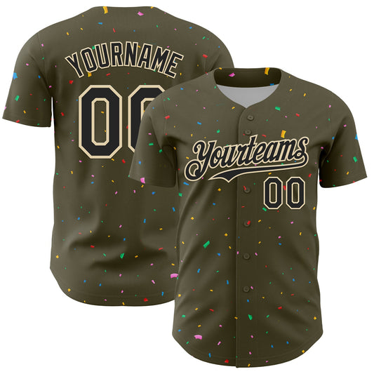 Custom Olive Black-Cream 3D Pattern Design Confetti Colorful Speckle Authentic Baseball Jersey - Main View