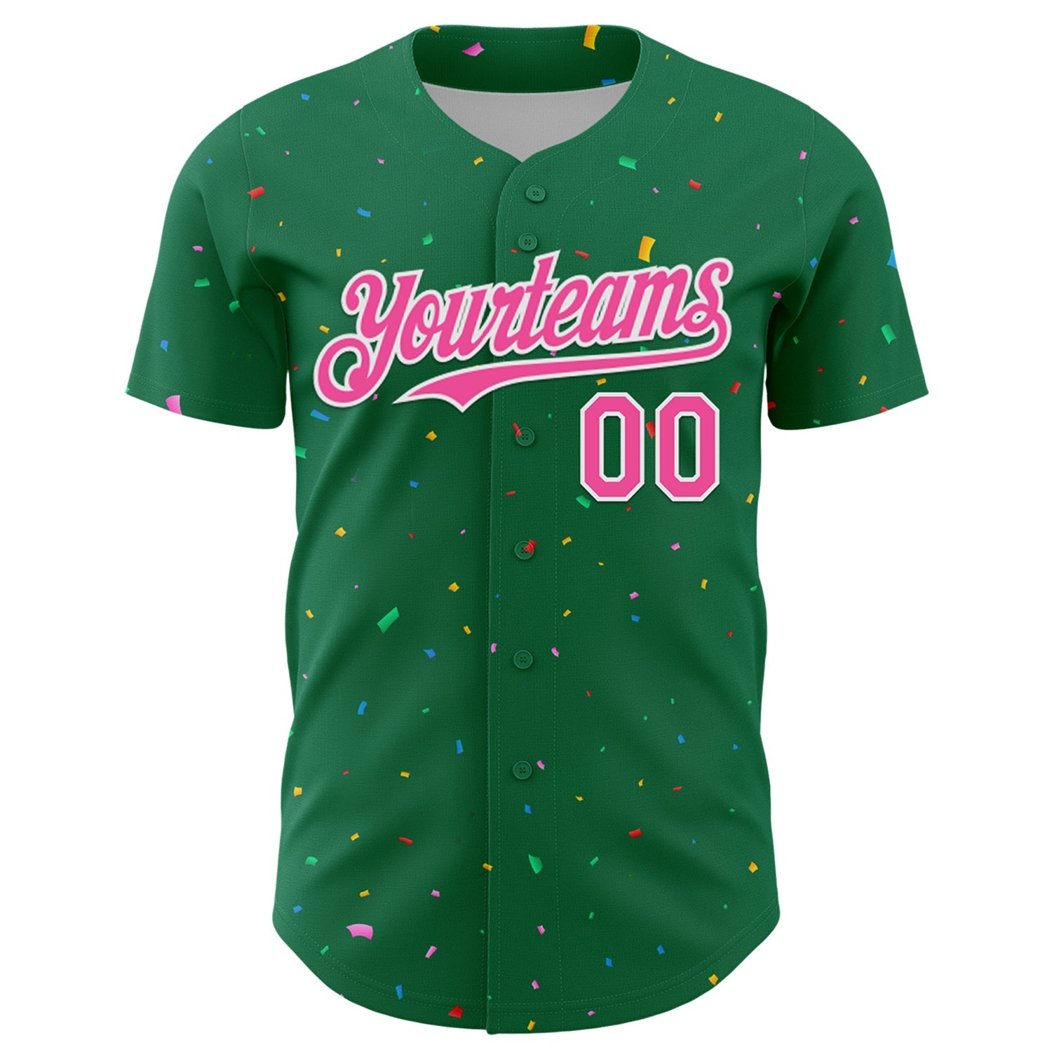 Custom Kelly Green Pink-White 3D Pattern Design Confetti Colorful Speckle Authentic Baseball Jersey view 2