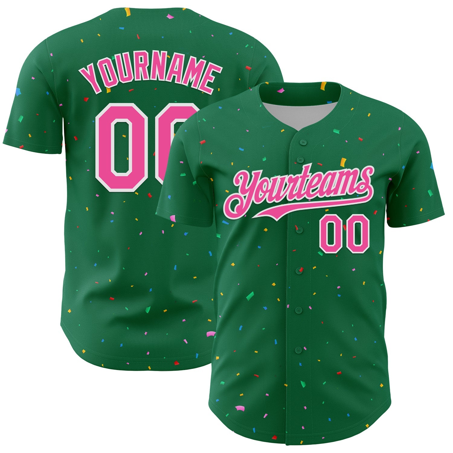 Custom Kelly Green Pink-White 3D Pattern Design Confetti Colorful Speckle Authentic Baseball Jersey - Main View
