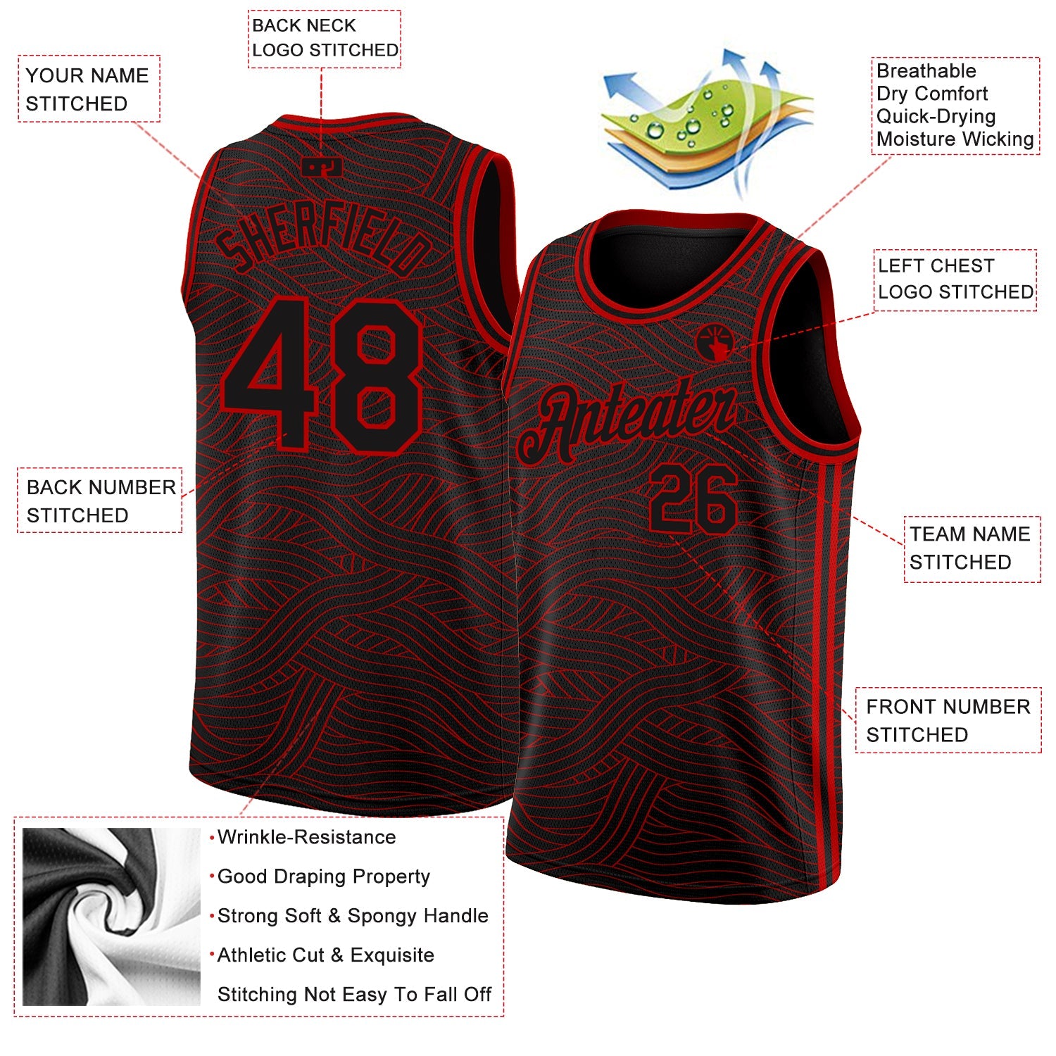 Custom Black Red Authentic City Edition Basketball Jersey view 2