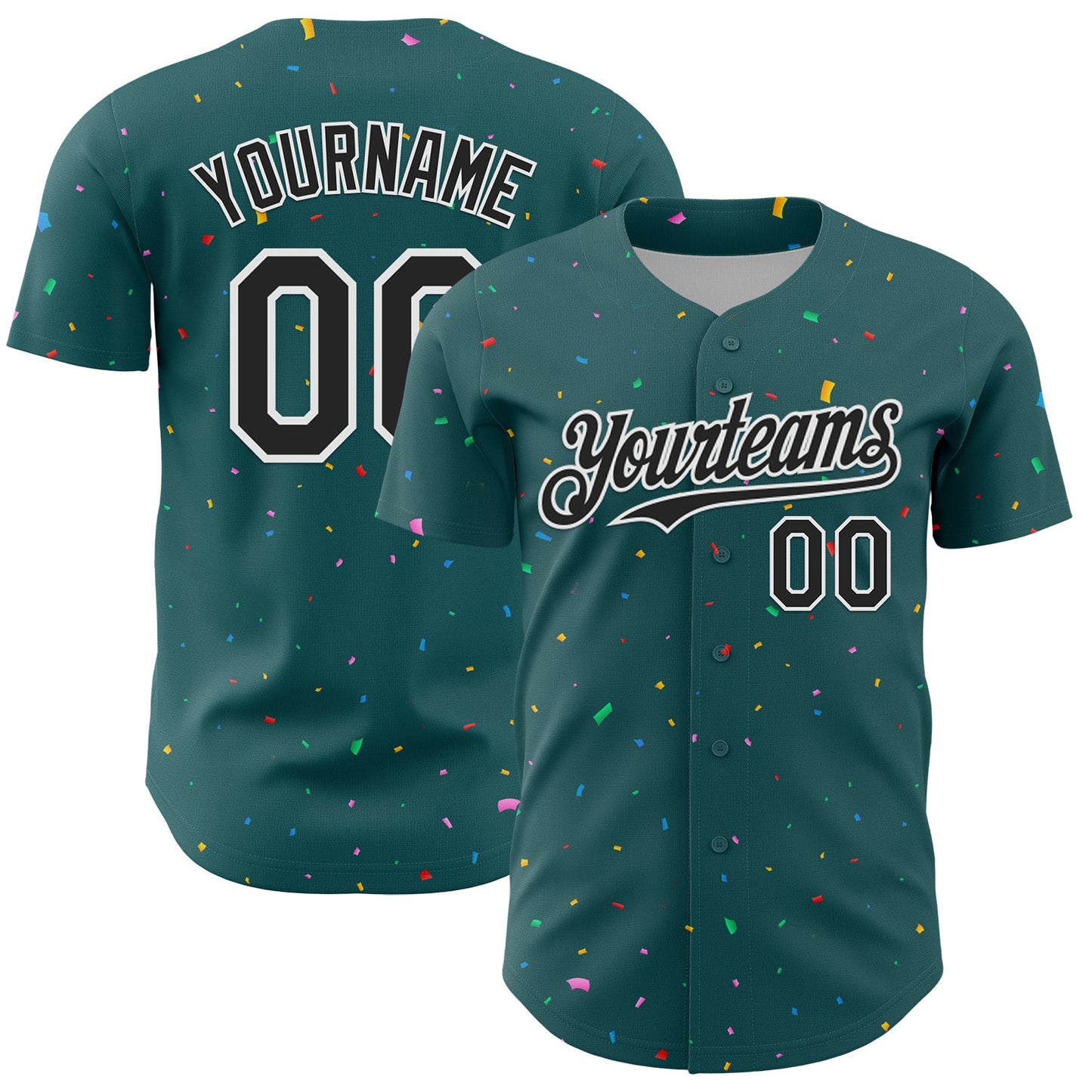 Custom Midnight Green Black-White 3D Pattern Design Confetti Colorful Speckle Authentic Baseball Jersey - Main View