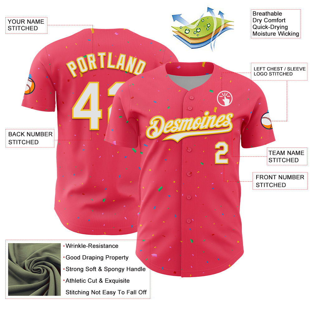 Custom Neon Pink White-Yellow 3D Pattern Design Confetti Colorful Speckle Authentic Baseball Jersey view 3