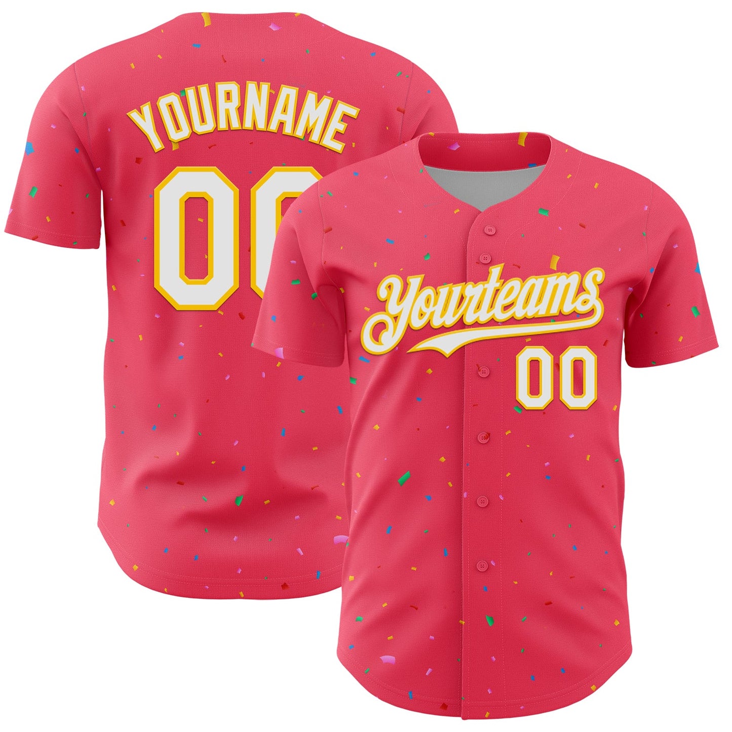 Custom Neon Pink White-Yellow 3D Pattern Design Confetti Colorful Speckle Authentic Baseball Jersey - Main View