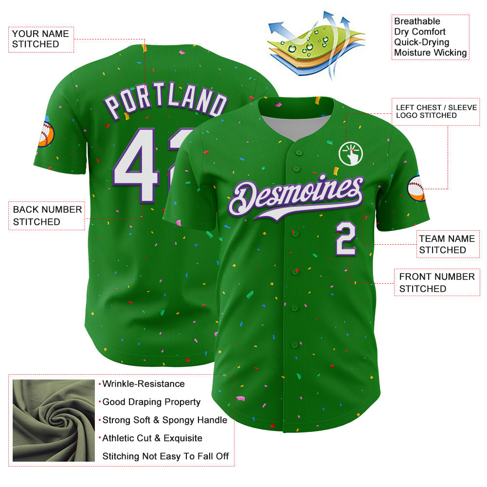 Custom Grass Green White-Purple 3D Pattern Design Confetti Colorful Speckle Authentic Baseball Jersey view 3