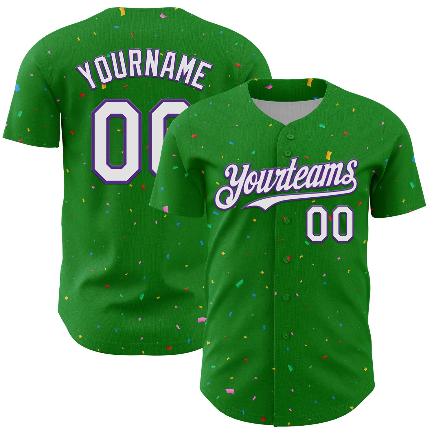 Custom Grass Green White-Purple 3D Pattern Design Confetti Colorful Speckle Authentic Baseball Jersey - Main View