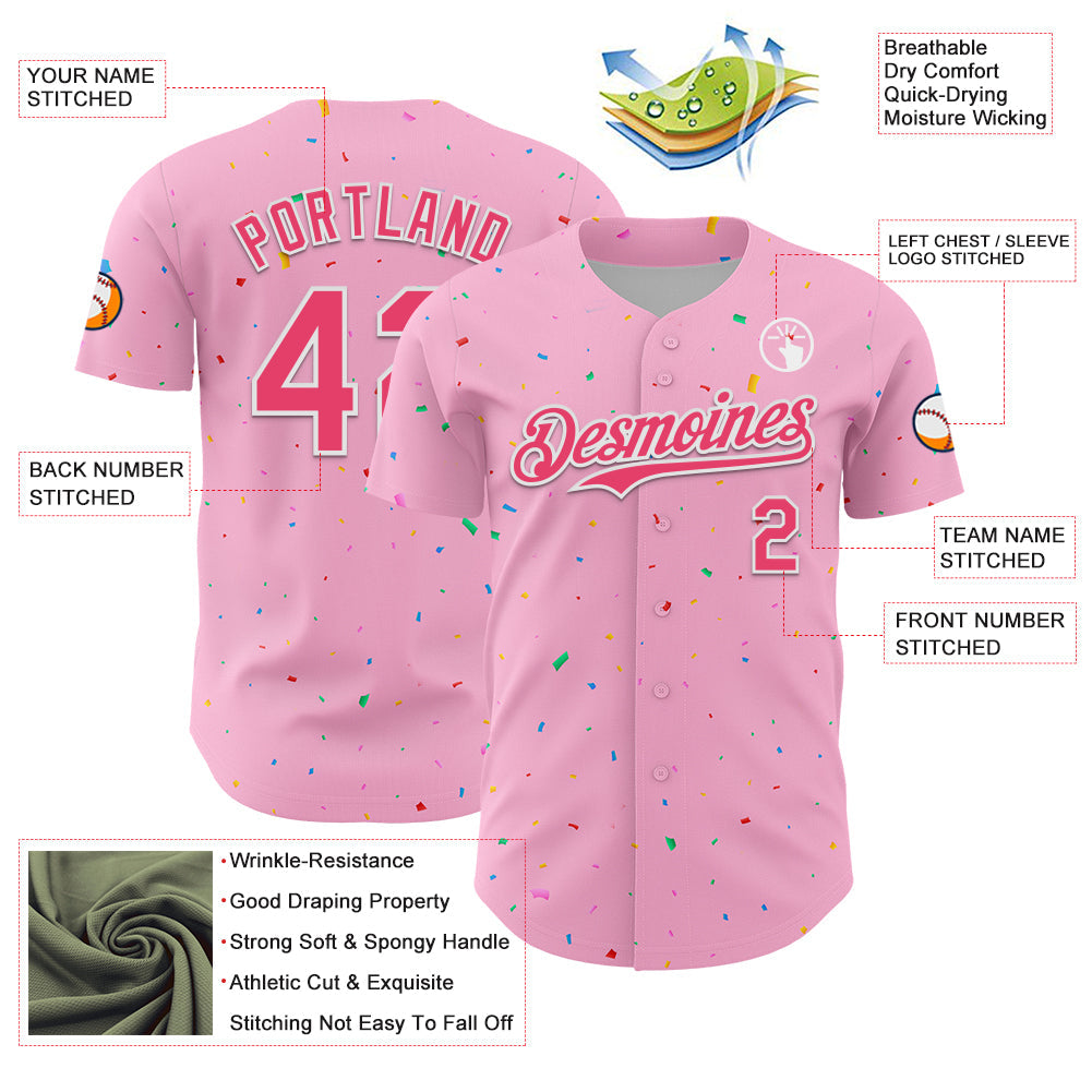 Custom Light Pink Neon Pink-White 3D Pattern Design Confetti Colorful Speckle Authentic Baseball Jersey view 3