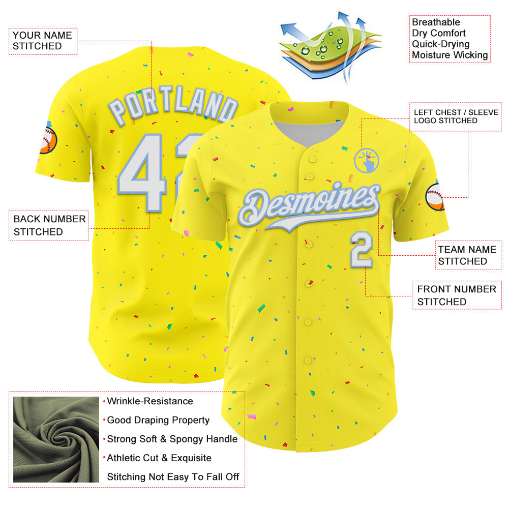 Custom Light Yellow White-Light Blue 3D Pattern Design Confetti Colorful Speckle Authentic Baseball Jersey view 3